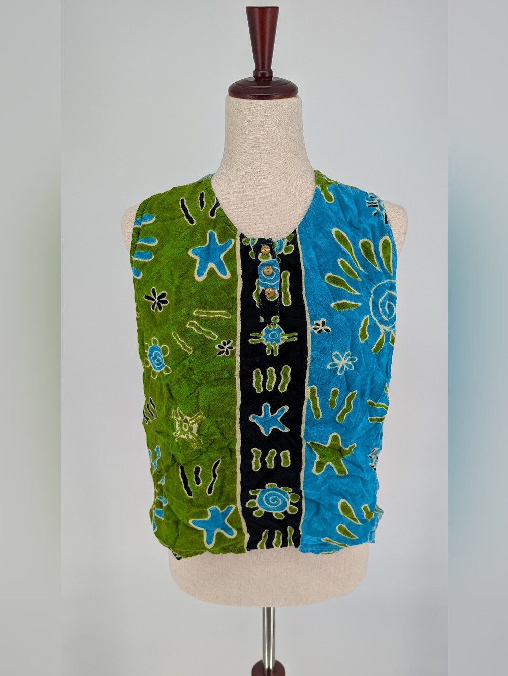 Boho Hippie Batik Tank Top Green Blue Sun Print Button Front Festival Beach Y2K
